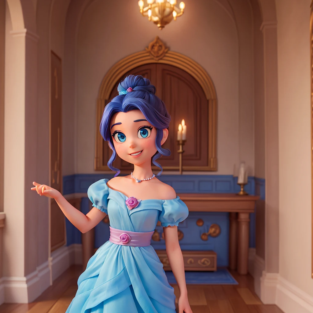 Affiche 3D inspirée de Disney Pixar, Une princesse , yeux bleue , cheveux marron foncé en chignon avec une raie au milleu , sourire heureux, En robe de princesse completement rose , elle est dans un chateau majestueux