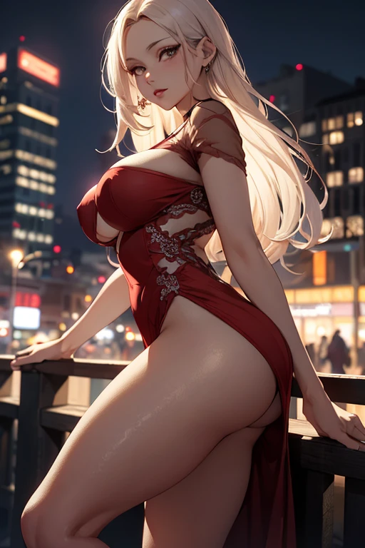 masterpiece, best quality, shadows, dynamic angle, front view, perfect hands, perfect legs, perfect anatomy, pretty face, mature features, 1 girl, 21 years old, mature woman, sexy red dress, city night background, white long hair, thighs, ass, breast, seductive, spicy, posing, cinematography lights,