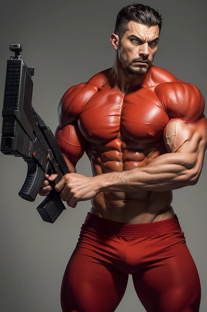 Draw an anthropomorphized red pepper as a muscular man with an extremely angry expression, bulging veins and furrowed eyebrows. Pepper is tightly holding an assault rifle with both hands, pointing straight ahead. Make sure the pepper doesn't have extra fingers on its hands (only five fingers on each hand). The background should be a tense environment, such as a battlefield or a destroyed urban location, highlighting the intensity of the scene.