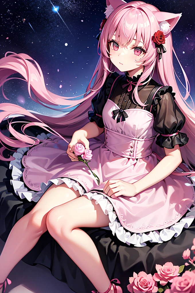 A young girl with cat ears and a tail in a frilly dress sits among scattered pink petals and roses. She is holding a small flower in her hand, looking up at him with a curious expression. Background - bright night sky, filled with stars.