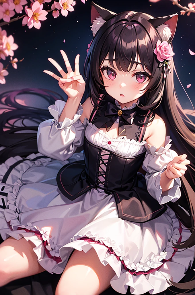 A young girl with cat ears and a tail in a frilly dress sits among scattered pink petals and roses. She is holding a small flower in her hand, looking up at him with a curious expression. Background - bright night sky, filled with stars.