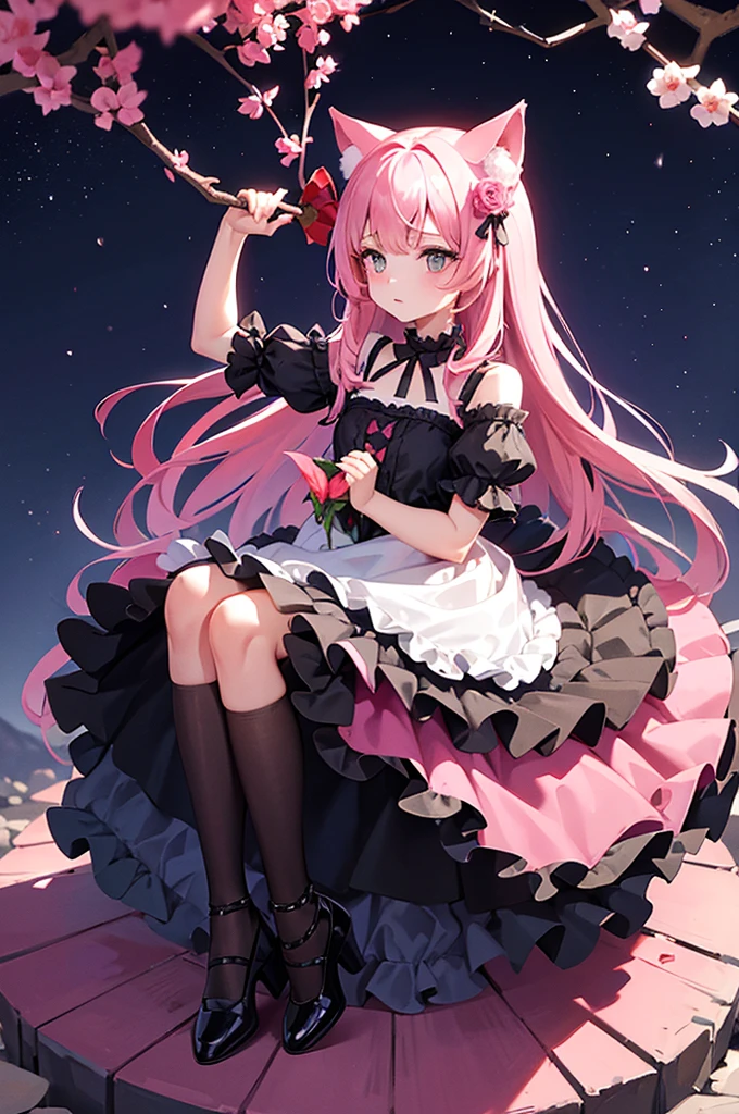 A young girl with cat ears and a tail in a frilly dress sits among scattered pink petals and roses. She is holding a small flower in her hand, looking up at him with a curious expression. Background - bright night sky, filled with stars.