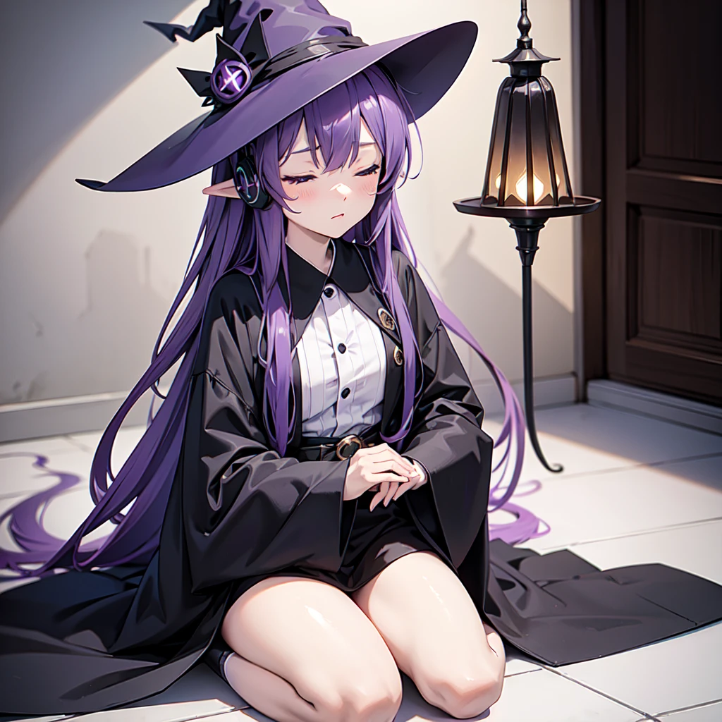 1 person. Anime girl with long purple hair and black robe. Pointy ears. Cute as in manga. Sitting  with eyes closed. Headphones. Witch hat on the ground. Clothes inside are white.