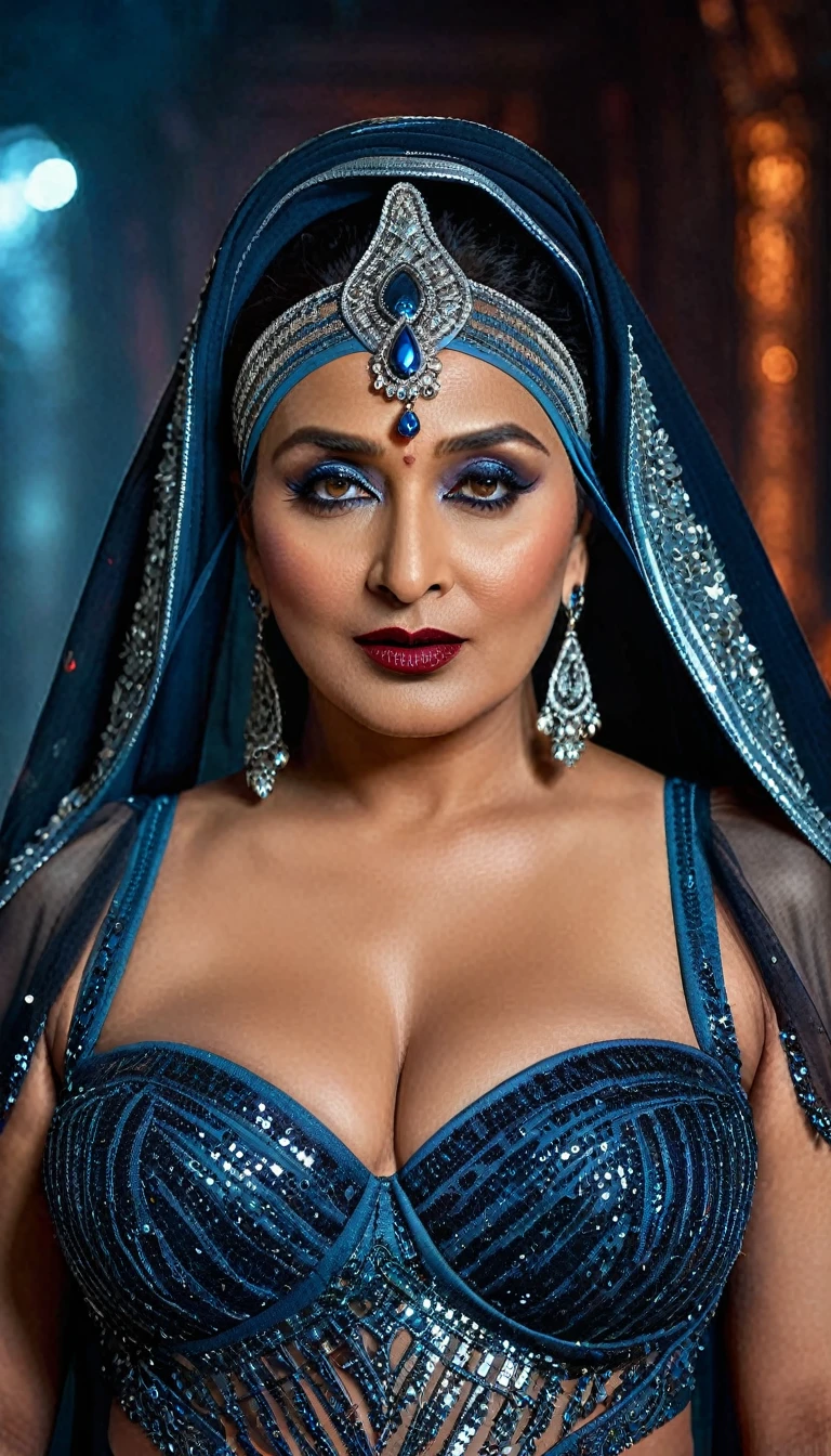 Looks like Madhuri Dixit, full body Closeup shot, Big chubby aunty, milf, cougar lady witch, horny Gothic milf,  70 years old gorgeous mature lady, pervert demoness, demoness of lust, curvy, black lips, horny face, extremely gorgeous, thick figure, heavy physique, voluptuous, curvy, sexy figure, Fashionable portrait of androgynous alien looking witch wearing veil, glowing eyes, futuristic design, minimal details, givenchy, photoreal, 200mm, hd, f/ 2.0, highly detailed, surreal, sexy beautiful evil woman, sexy bold sequin Saree with strapless Bra, chudail, Pishachini, horror genre, blood-thirsty enchantress, powerful female spirit, eerie, drop dead, in the style of red and blue, (intricate details, hyperdetailed:1.15) (skin texture:1.2), dark Moody tone, cinematic lighting, haunted place in background, 