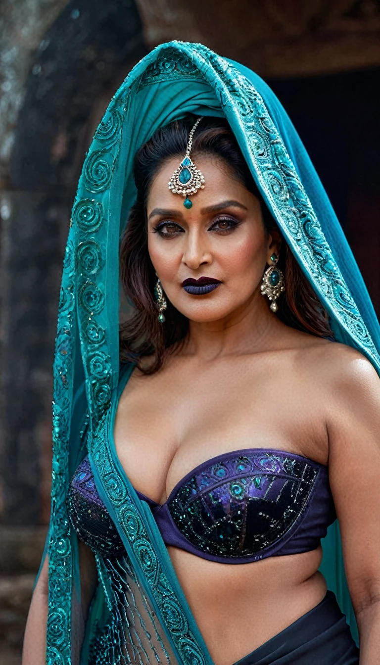 Looks like Madhuri Dixit, full body Closeup shot, Big chubby aunty, milf, cougar lady witch, horny Gothic milf, 70 years old gorgeous mature lady, pervert demoness, demoness of lust, curvy, black lips, horny face, extremely gorgeous, thick figure, heavy physique, voluptuous, curvy, sexy figure, Fashionable portrait of androgynous alien looking witch wearing veil, glowing eyes, futuristic design, minimal details, givenchy, photoreal, 200mm, hd, f/ 2.0, highly detailed, surreal, sexy beautiful evil woman, sexy bold sequin Saree with strapless Bra, chudail, Pishachini, horror genre, blood-thirsty enchantress, powerful female spirit, eerie, drop dead, in the style of red and blue, (intricate details, hyperdetailed:1.15) (skin texture:1.2), dark Moody tone, cinematic lighting, haunted place in background,