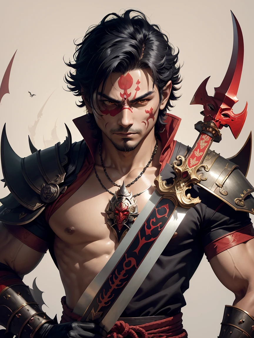 (8K,Photorealsitic Raw photography top-quality;1.4) (One boy) Super handsome (Lifelike face) Boy with Japan sword on his waist Black and red samurai costume Black and red trousers(Golden decoration) Glowing red eyes glaring at you 超A high resolution A hyper-realistic real looking skin enticing Beautiful expression Demon Hunter in Beast City combat scene Iai-slash Red aura from the body(Red effect)
