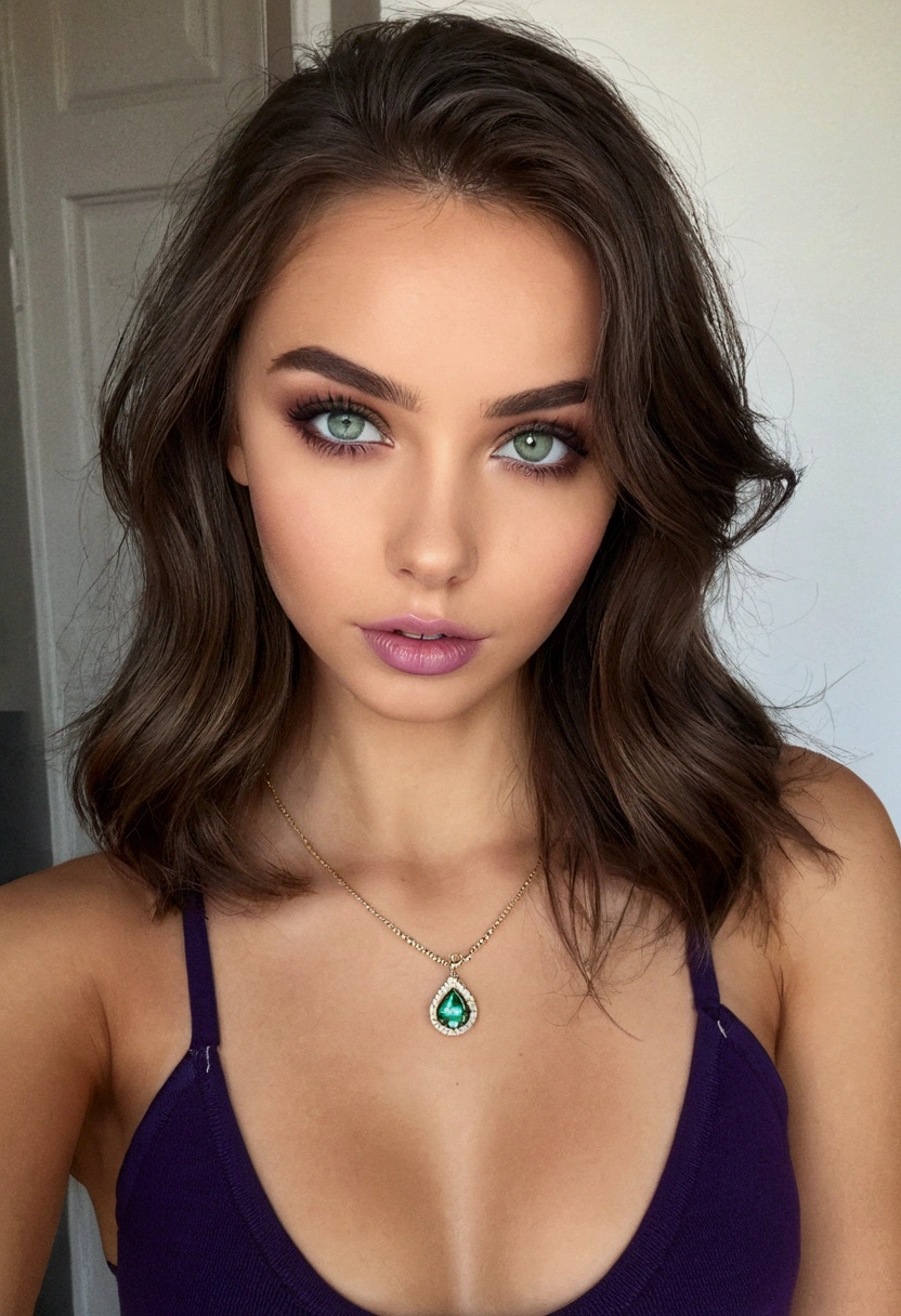 Arafed Femme portant un débardeur blanc et un collier, Fille y aux yeux verts, peau bronzée, Portrait Sophie Mudd, cheveux bruns bouclés et grands yeux, selfie d'une jeune femme, yeux de la chambre, Violette Myers, sans maquillage, Maquillage naturel, regardant directement la caméra, une forte poitrine, Cara avec Artgram, maquillage subtil, Impresionante foto de corps entier, yeux verts perçants, bel angle, pose attrayante, Mignon , pose sexImage du corps entier, corps entier, séance photo sur tout le corse brune, Détail élevé, Pose satisfaite, pantalon en cuir