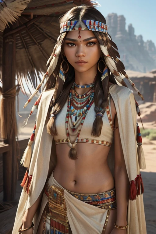 ((Zendaya is a Native American woman)), ((who wears typical Indian clothes)), ((Thin woman)), ((natural skin texture)), ((Expressive detailed face)), (photorrealistic), (ray tracing), (sharp focus on face))