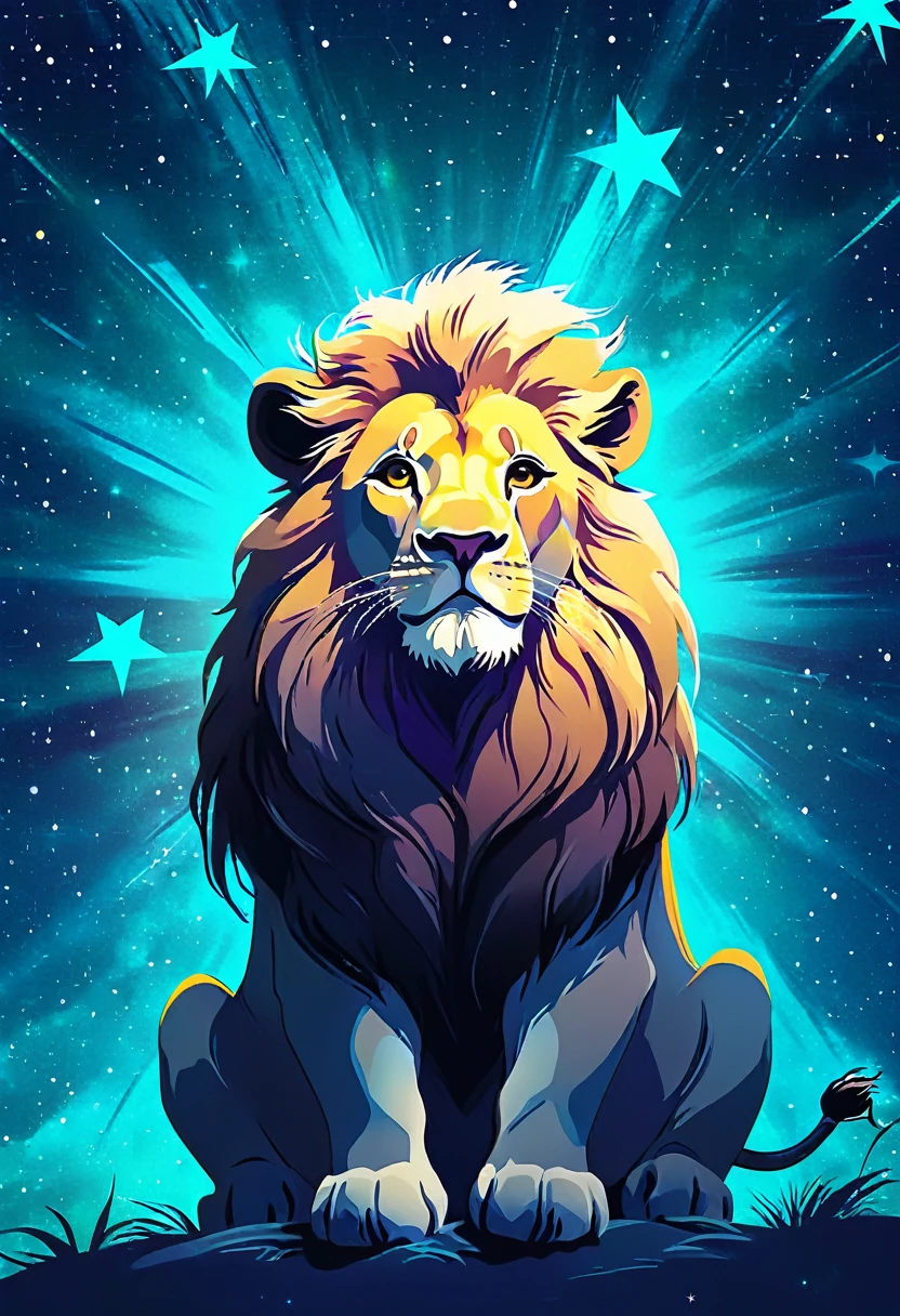 a lion silhouette composed by bright stars. Cosmic background