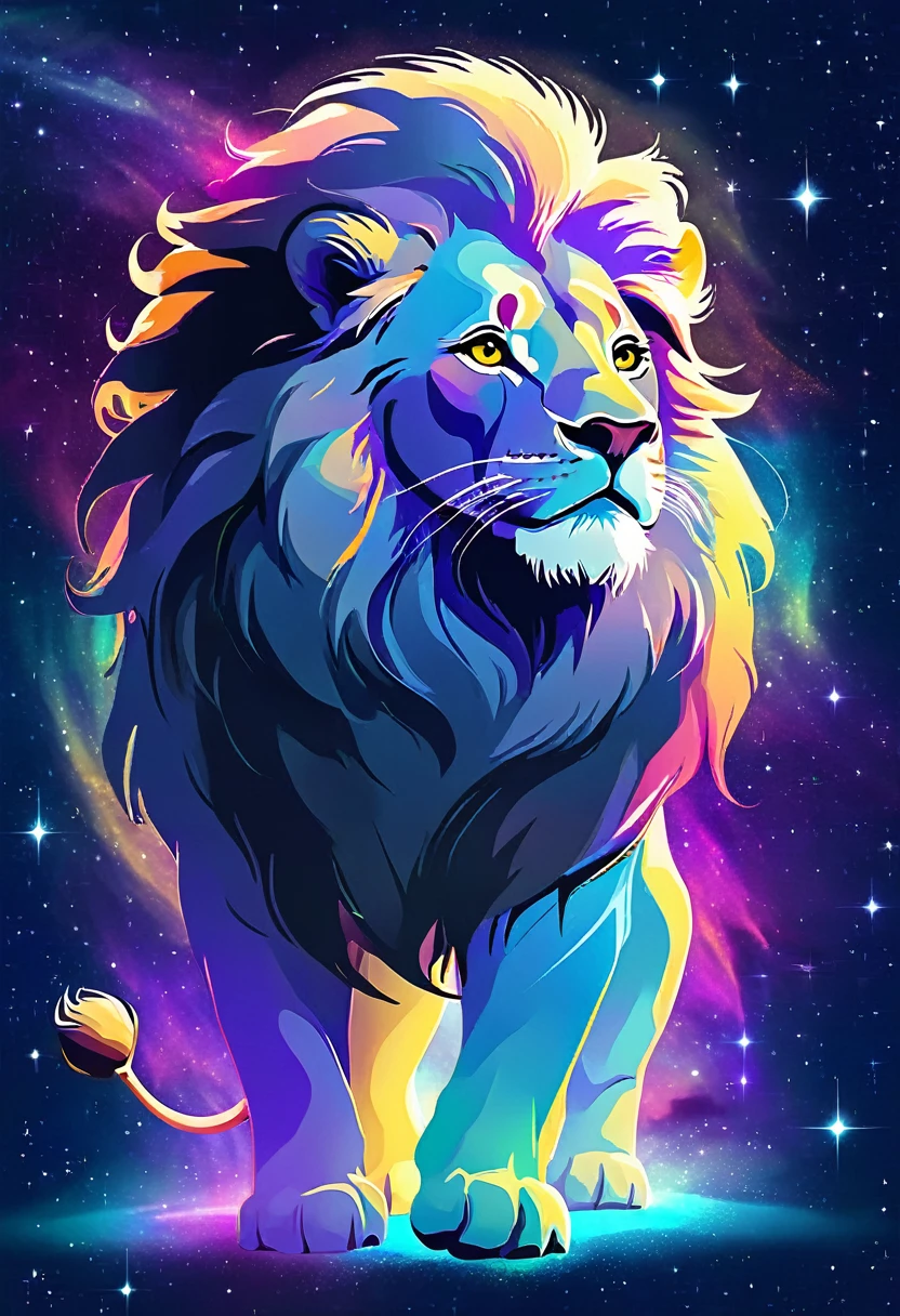 a lion silhouette composed by bright stars. Cosmic background