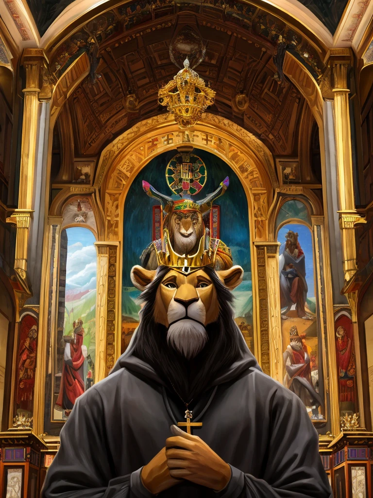 The painting shows a lion and a man wearing a hoodie、Man holding a cross, Digital rendering by László Balogh, shutter, Under the Art, highly Detailed digital artwork, Detailed 4k artwork, 4k highly detailed art, Artistic masterpiece, King of Kings, Detailed digital artwork, prophetic art, The numbers are very detailed, A 4K masterpiece