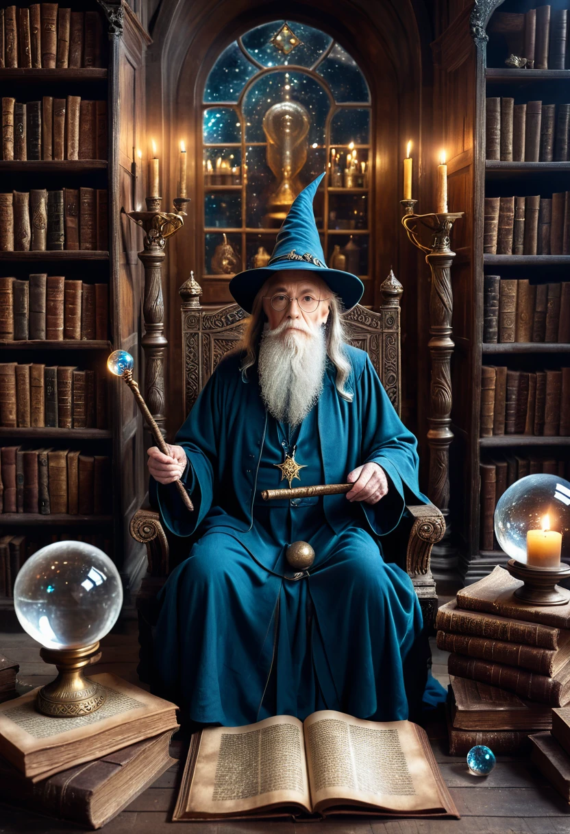 a 120 year old wizard sits in an ancient library,arcane scrolls,magical books,wands,staffs,magical trinkets,ancient artifacts,shelves,crystal ball,portals,magical energy,potions, Hyperrealistic art cinematic film still photography in the style of detailed hyperrealism photoshoot