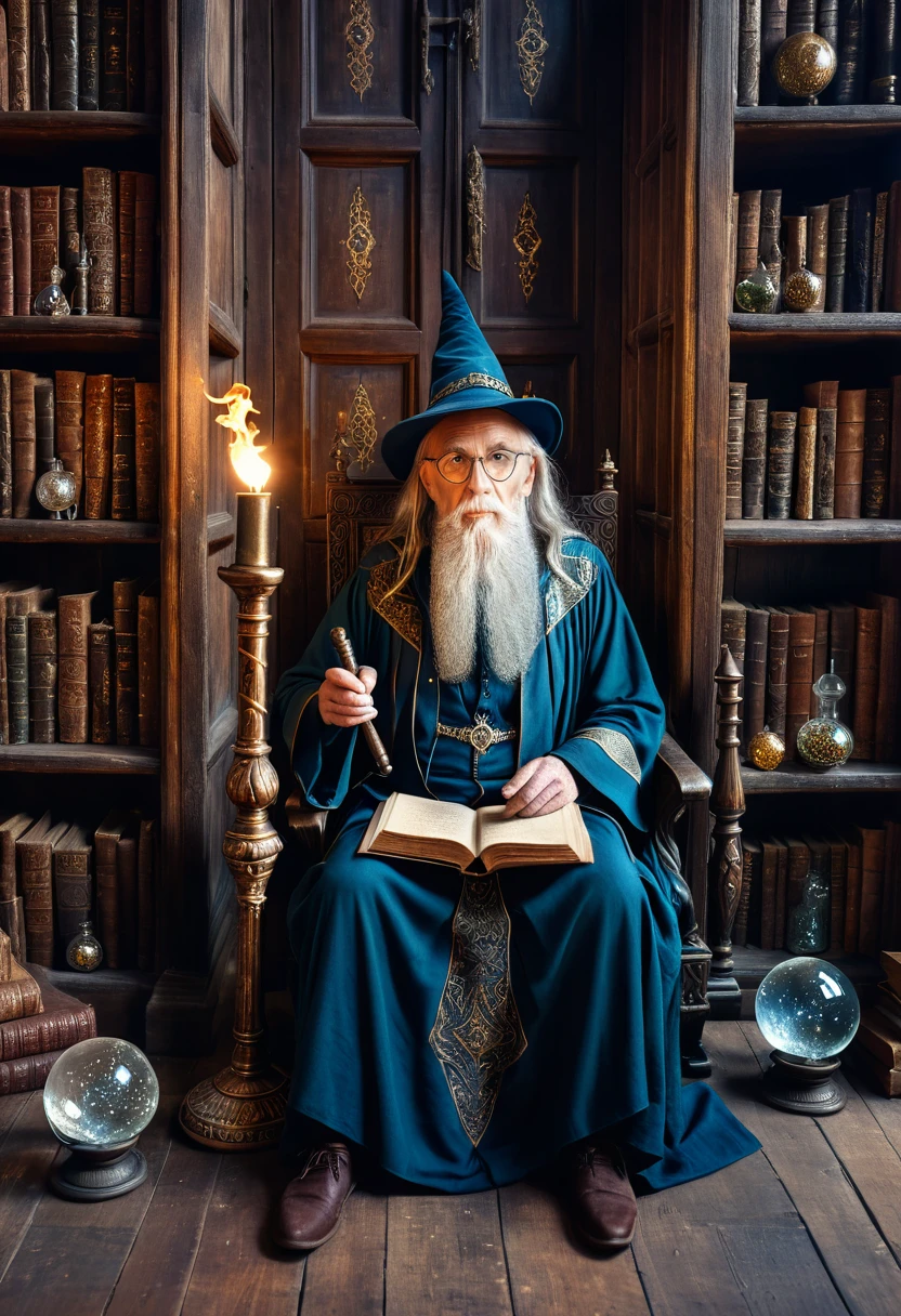 a 120 year old wizard sits in an ancient library,arcane scrolls,magical books,wands,staffs,magical trinkets,ancient artifacts,shelves,crystal ball,portals,magical energy,potions, Hyperrealistic art cinematic film still photography in the style of detailed hyperrealism photoshoot