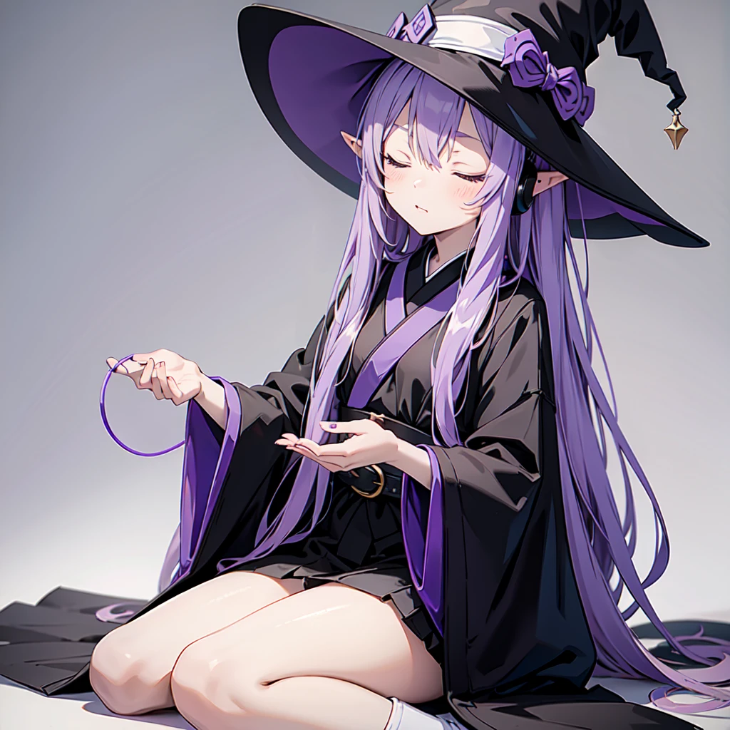 1 person. Anime girl with long purple hair and black robe. Pointy ears. Cute as in manga. Sitting  with eyes closed. Headphones. Witch hat on the ground. Clothes inside are white.