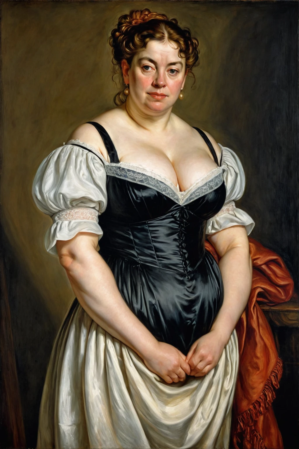 portrait painting of a thick Beautiful middle aged woman, extremely gorgeous, wearing a Victorian Camisole dress or chemise, by Peter Paul Rubens, in Peter Paul Rubens style, by Caravaggio, intricate, flawless, masterpiece, Best quality, 