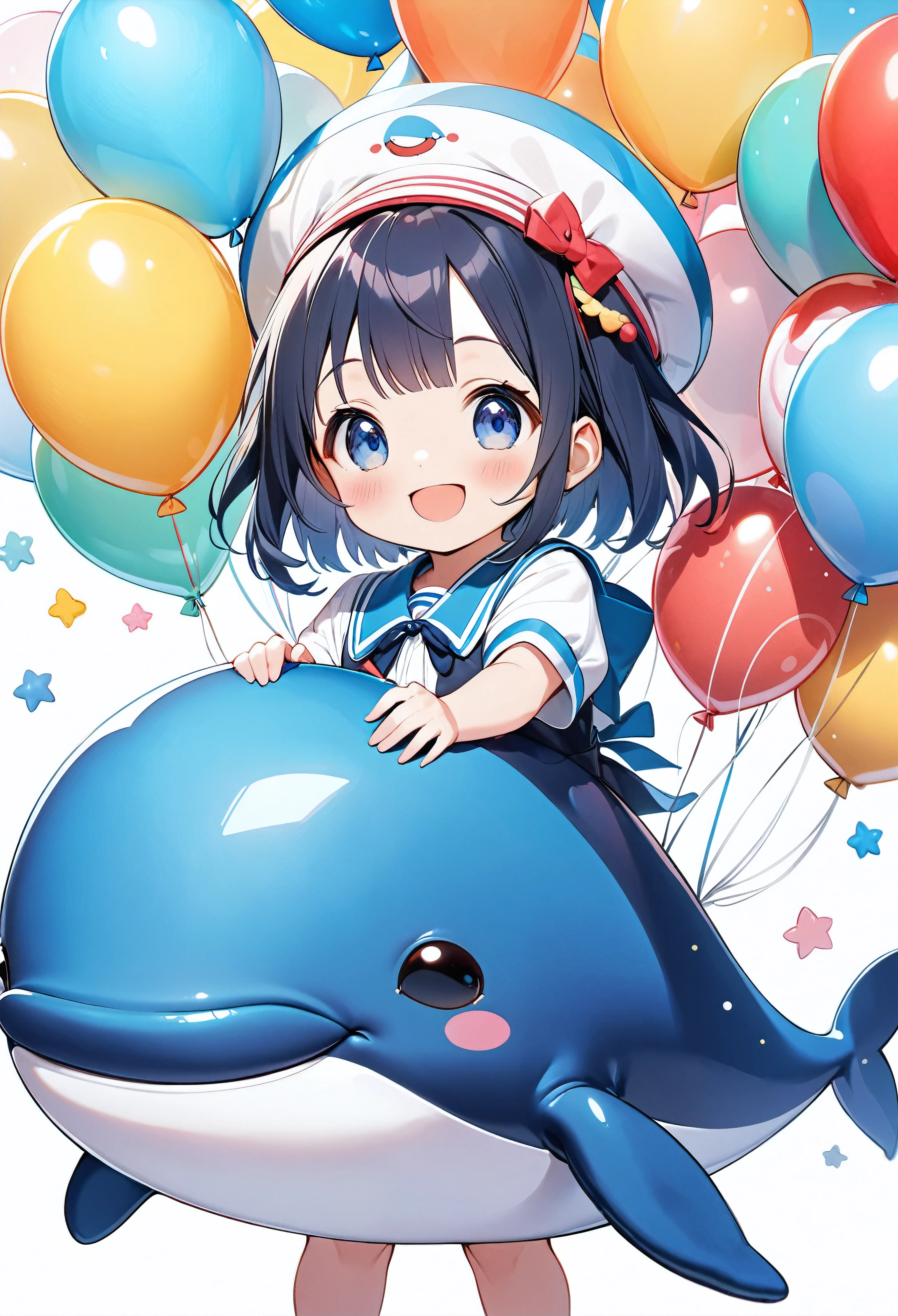 Ultra-small deformation, cute, Girl with whale balloon, Smiling very joyfully, Smiling whale cute balloon,