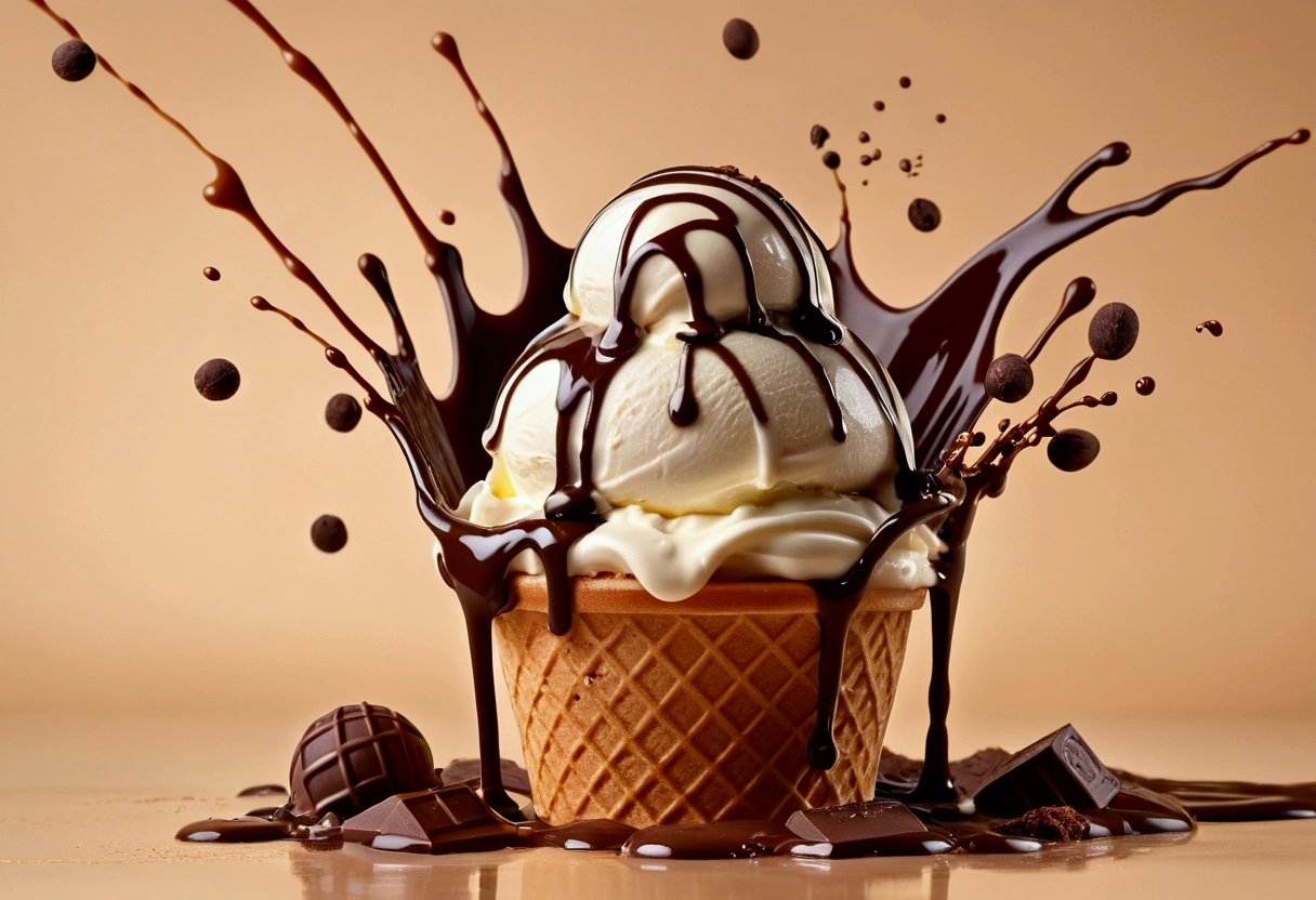 a picture of an ice cream, yogurt and chocolate splashing in the elegant cream color background like in a commercial, everything in focus

