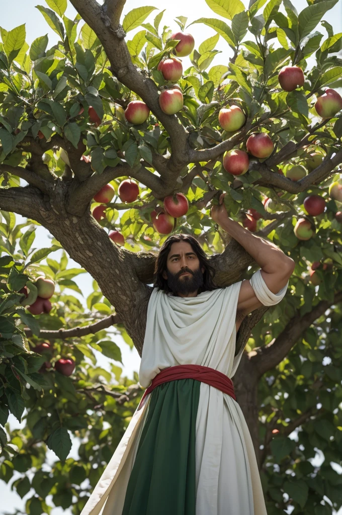 Use the light green background, the dark green letters, it is a very large apple tree full of apples, below Jesus with a white toga and a red waistband, on his right side