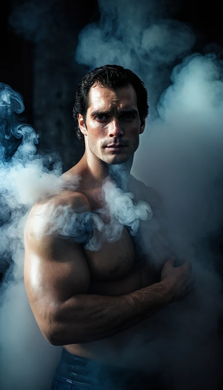 RAW photo beautiful portrait, Henry Cavill super-homem, piercing look,  high-quality textures, high-quality shadows, high détail, Beautiful Detail, fine-details, extremely detailed computer Graphics, detailed textures, realistic faces, atmosphere of fear and discomfort, sensual moment from the point of view of someone hugging a muscular man bathed in smoke with glowing laser eyes showing off his sexy body, with hard penis