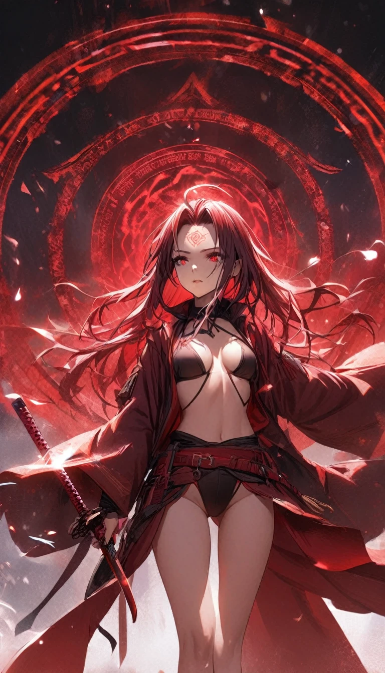 1girl,red curtain hair revealing her forehead,,red katana,red glowing eldritch magic circle,