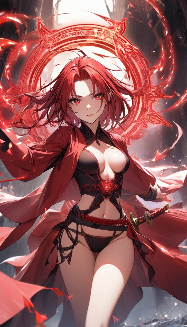1girl,red curtain hair revealing her forehead,,red katana,red glowing eldritch magic circle,