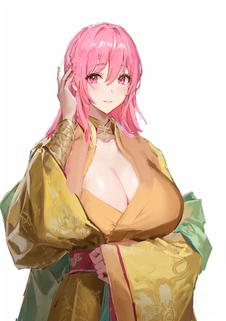Wearing a robe、Pink Hair的动漫女孩, Produced in collaboration with Anime Painter Studio, Thickness, OPPEIN, Sakura Haruno, Si Tu Shi, In the anime painter studio, Hillabi, Goto Indian Summer, ((Wearing noble robes)), Flower shape, OPPEIN proportions, Break, 3/4 Break，Three Kingdoms，Dynasty Warriors，big boods，huge ，Pink Hair，Pink Eyes，Hanfu，Chinese style and ancient style，Smile，Hands playing with hair，Silk clothes，Noble girl，Good shape，sex body