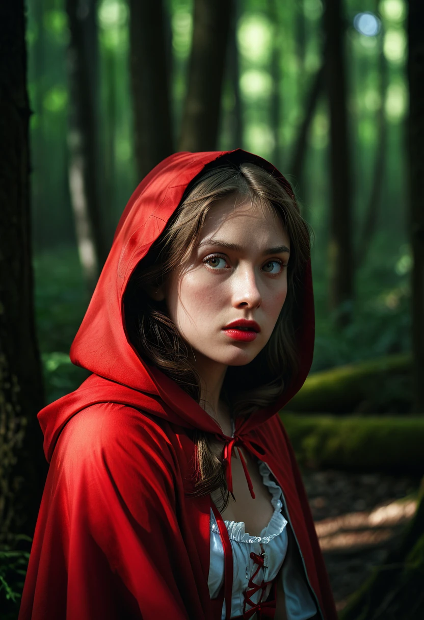(masterpiece:1.3), highes quality, High quality photo, Little Red Riding Hood weary in the woods, dark, low-key, RAW photo, subsurface scattering, heavy shadow, (high quality:1.4), (intricate, high detail:1.2), professional photography, realistic, ultra realistic, photorealistic, high resolution, film photography, ambient lighting, atmospheric effects, highly detailed and hyper realistic photo of analog film photo of detailed sharp image