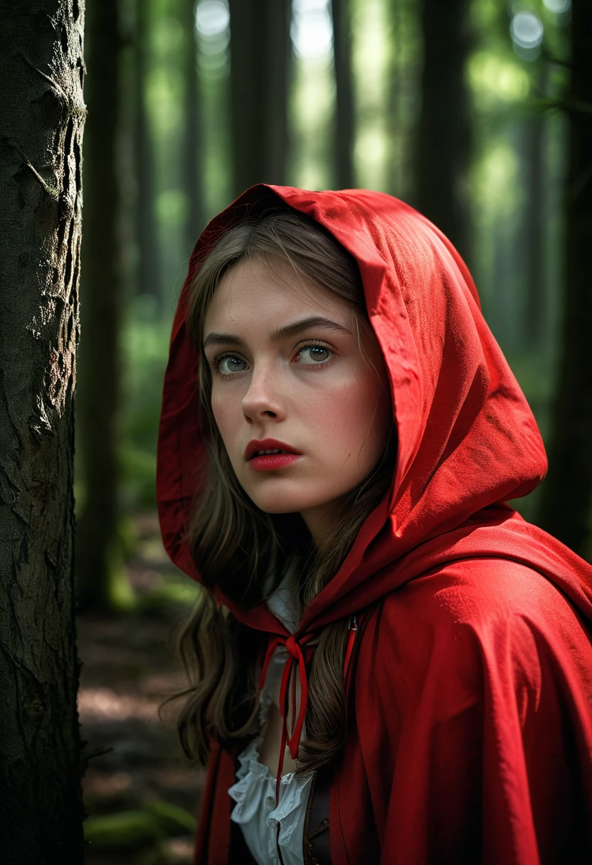 (masterpiece:1.3), highes quality, High quality photo, Little Red Riding Hood weary in the woods, dark,  low-key, RAW photo, subsurface scattering, heavy shadow, (high quality:1.4), (intricate, high detail:1.2), professional photography, realistic, ultra realistic, photorealistic, high resolution, film photography, ambient lighting, atmospheric effects, highly detailed and hyper realistic photo of analog film photo of detailed sharp image