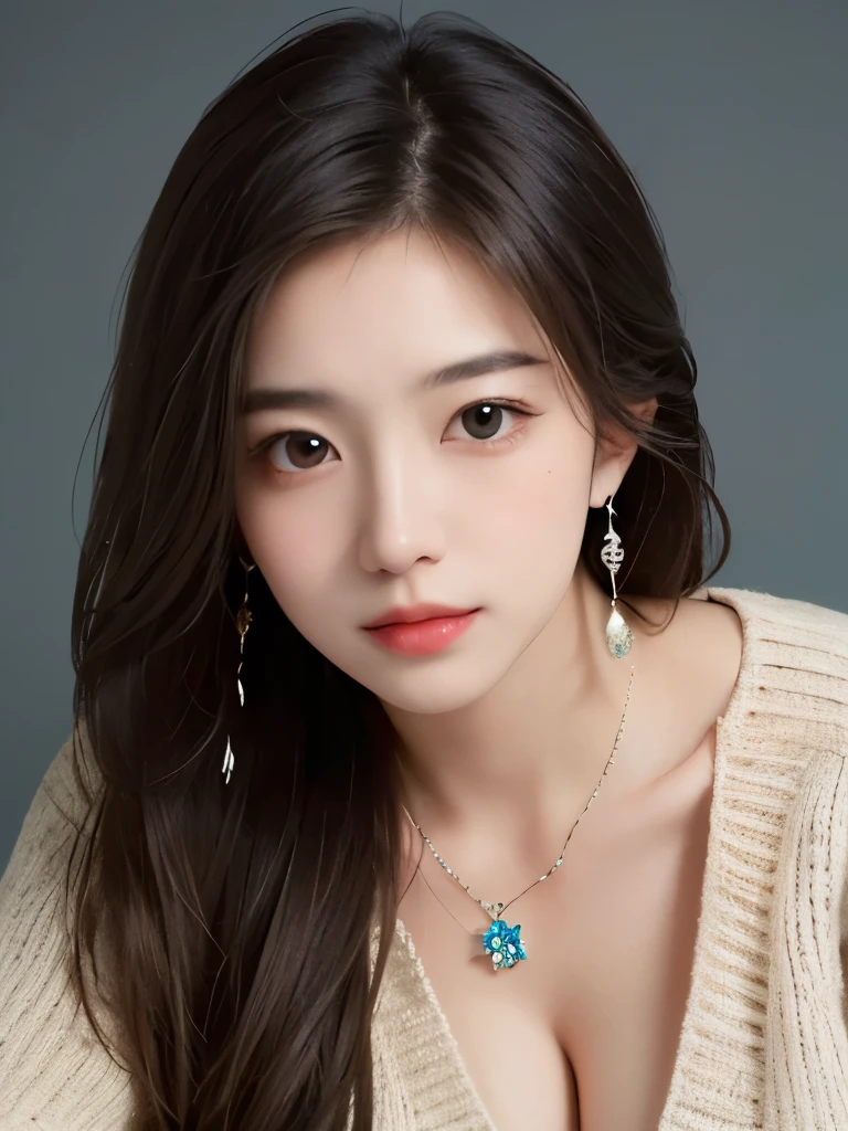 (Best quality, 8k, 32k, Masterpiece, UHD:1.2),Photo of Pretty Japanese woman, large breasts, very long bob hair,upper body,face focus,(oversized_sweater,:1.1) necklace, simple background, looking at viewer, leaning forward,
