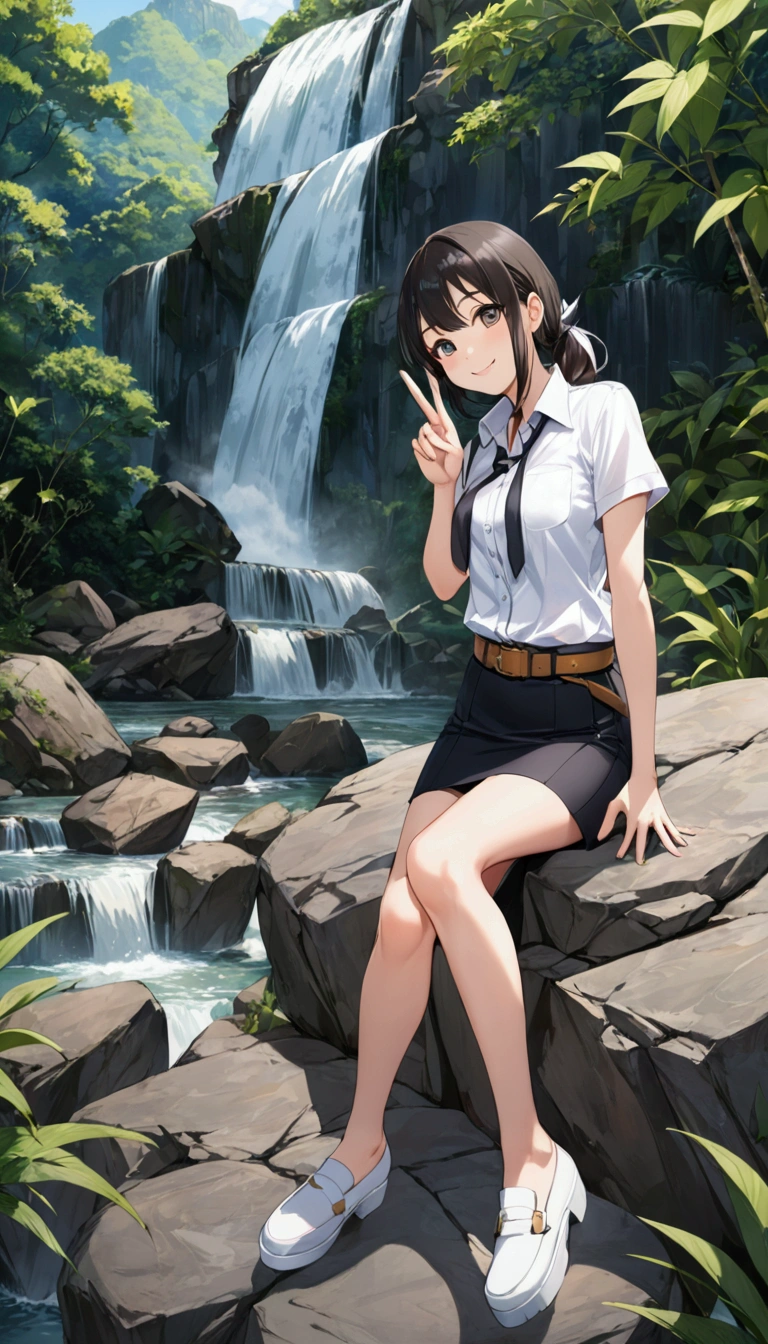 anime illustration of Thai young woman sitting on the big rock, smiling and making a V sign hand gesture, waterfall background, smiling, {she wearing white shirt short sleeves, collared button up shirt, black pencil skirt with belt}, (1girl, solo, full body), (masterpiece, best quality)