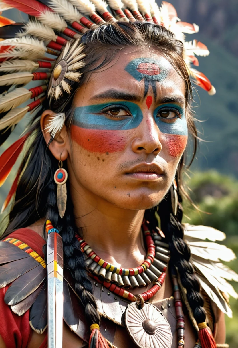 Inka warrior with a war make up, medium shot, natural light, Award winning wildlife photography, hyperrealistic, 8k resolution