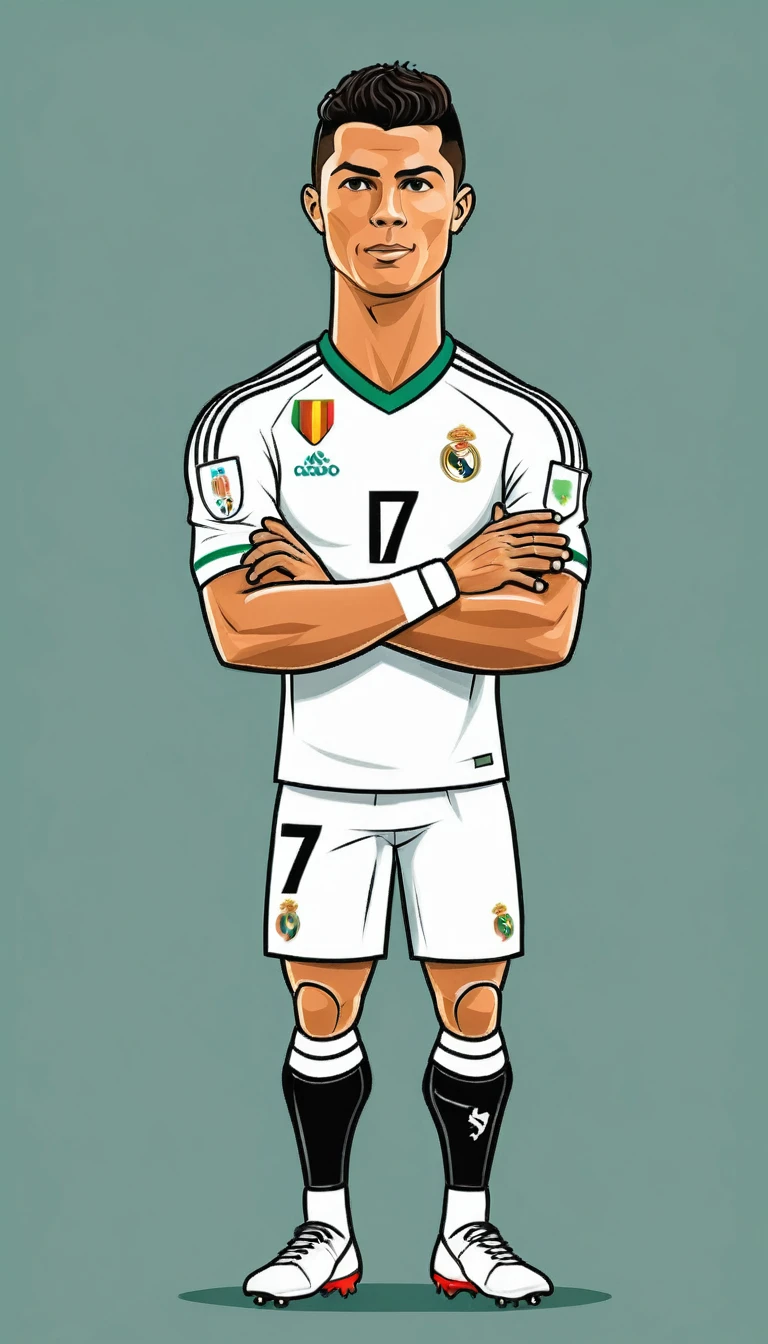 vector illustration, cartoon style, Cristiano Ronaldo, crossed arms.