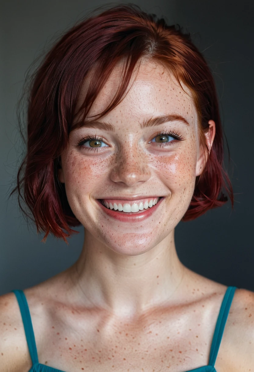 beautiful lady, (freckles), big smile, ruby eyes, short hair, dark makeup, hyperdetailed photography, soft light, head and shoulders portrait, cover