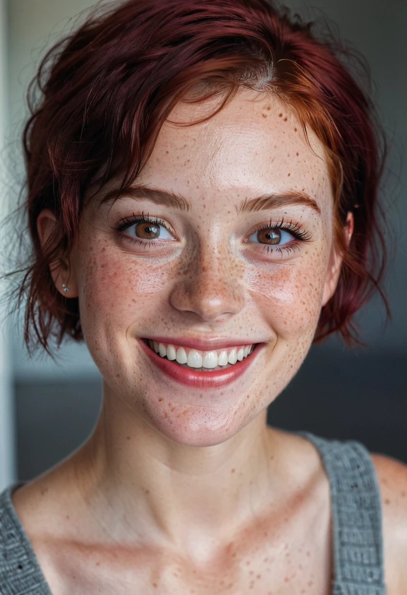 beautiful lady, (freckles), big smile, ruby eyes, short hair, dark makeup, hyperdetailed photography, soft light, head and shoulders portrait, cover