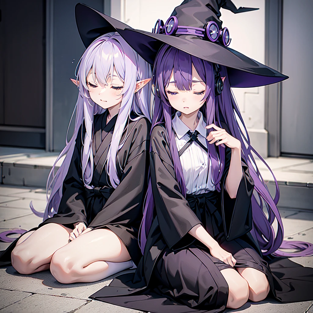 1 person. Anime girl with long purple hair and black robe. Pointy ears. Cute as in manga. Sitting  with eyes closed. Headphones. Witch hat on the ground. Clothes inside are white.
