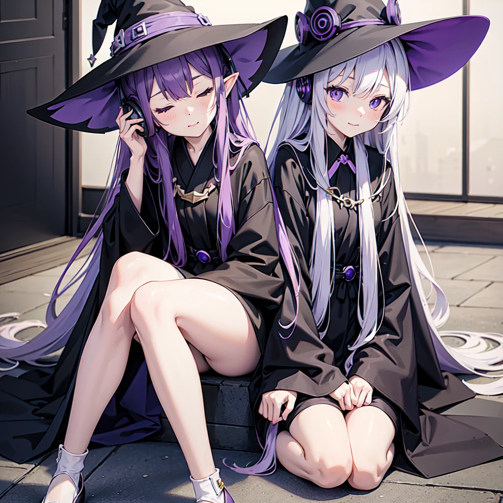 1 person. Anime girl with long purple hair and black robe. Pointy ears. Cute as in manga. Sitting  with eyes closed. Headphones. Witch hat on the ground. Clothes inside are white.