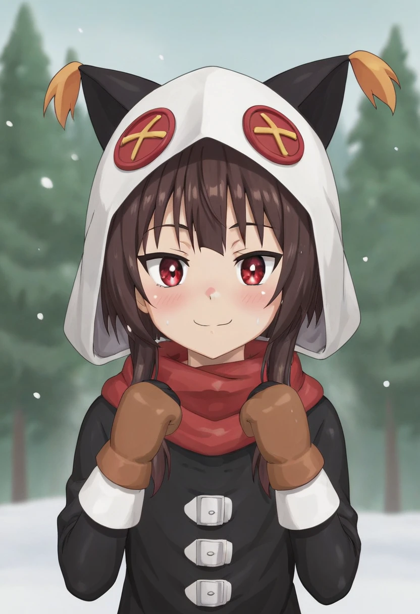 score_8_up, score_7_up, score_6_up, score_5_up, score_4_up, anime screencap,
 1girl, solo, megumin, white parka, short hair, brown hair, red eyes, (black bodysuit:0.8), red scarf, white hood, brown mittens, 
 nyantcha, 
forest, snow, upper body, looking at viewer,sex