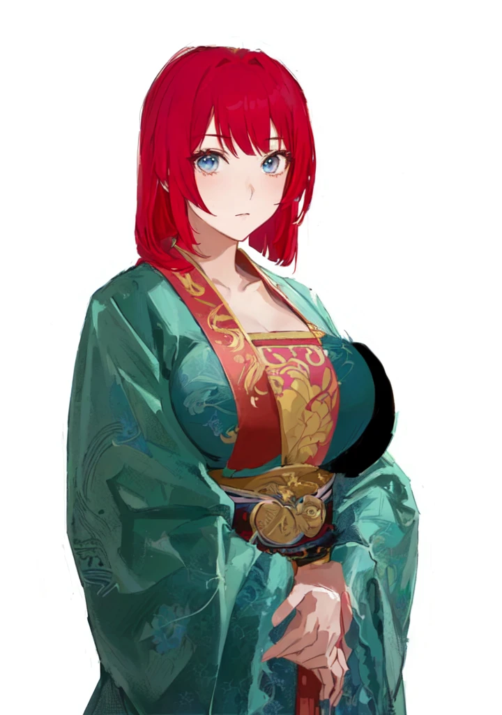 A red-haired man in a blue robe, Produced in collaboration with Anime Painter Studio, In the anime painter studio, April Rendering, A rendering of Mirabelle Madrigal, Erza Scarlet as a real person, Anime woman, She has red hair, female anime character, Demon Slayer Rui Fan Art, ((Wearing noble robes)), Wearing Kimono，Blue Eyes，huge ，sex body，big boods，Hanfu，Chinese style，Serious expression，Three Kingdoms，Dynasty Warriors，Silk clothes，Huge Breasts