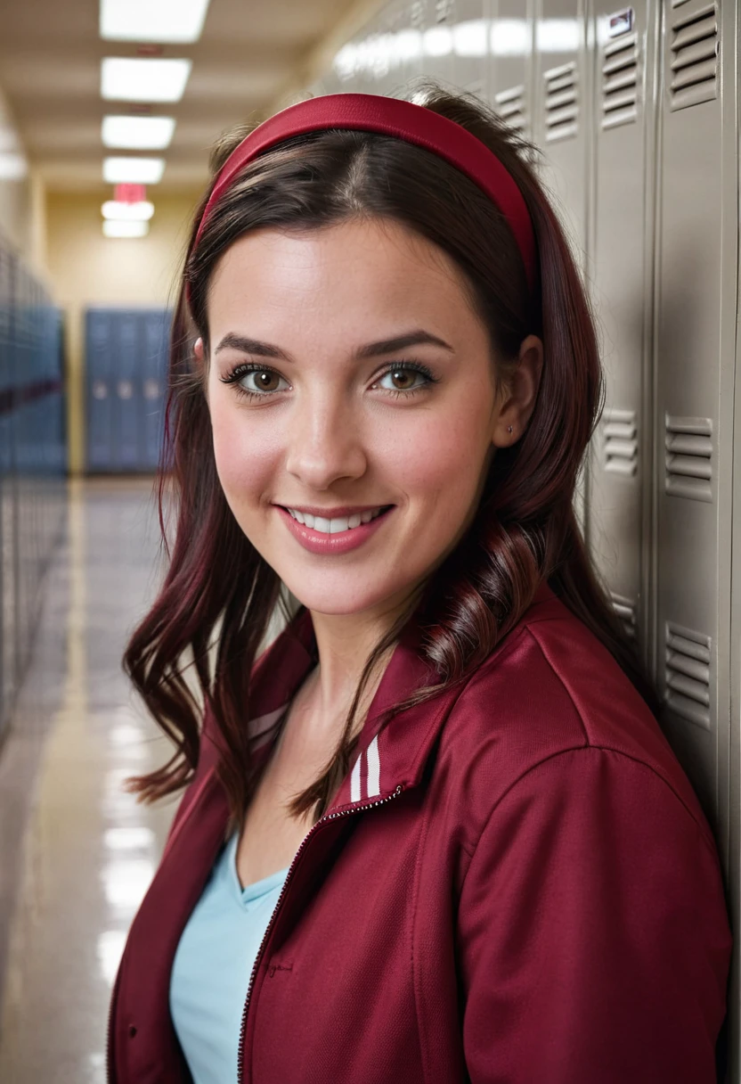 photography, realistic
woman, looking at viewer, dark red jacket, dark red hairband, school hallway, red lockers, close up, happy