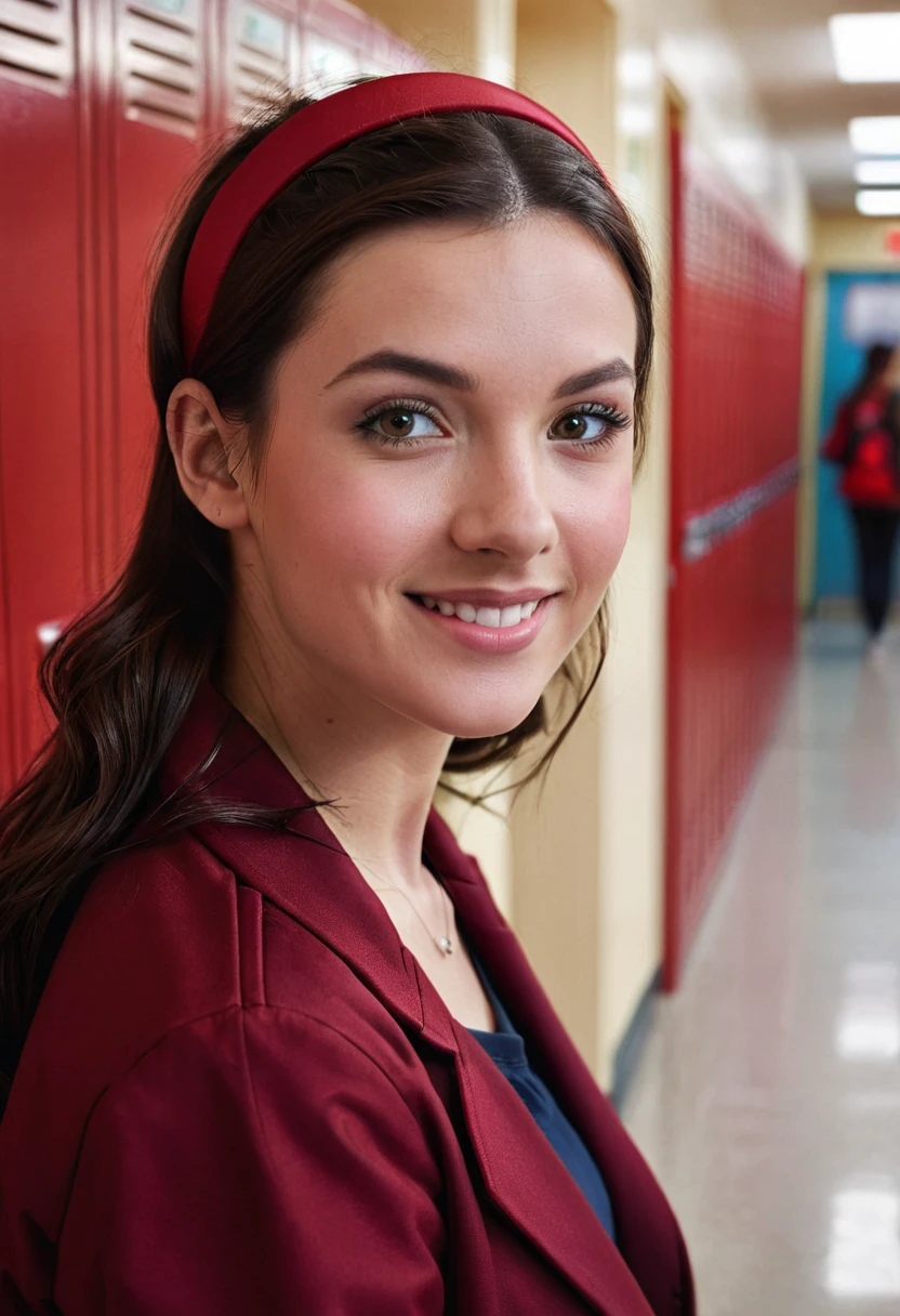 photography, realistic
woman, looking at viewer, dark red jacket, dark red hairband, school hallway, red lockers, close up, happy