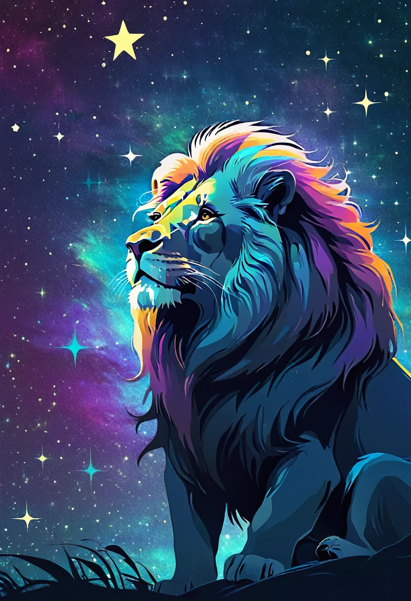 a lion silhouette composed by bright stars. Cosmic background