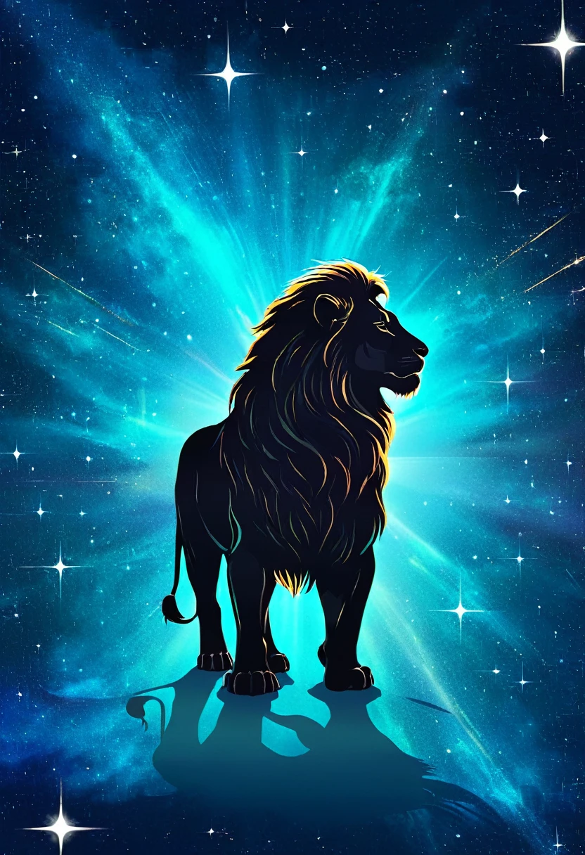 a lion silhouette composed by bright stars. Cosmic background