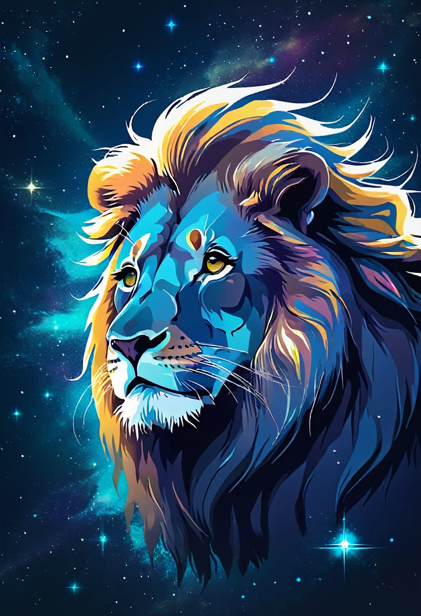 a lion silhouette composed by bright stars. Cosmic background