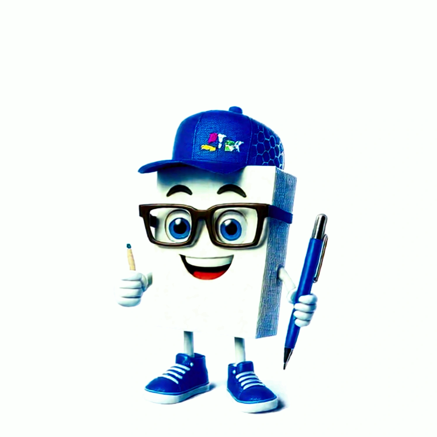 cartoon character of a book character with glasses and a cap holding a pen, promotional still render, publicity photo, cartoon character, cereal mascot, toonix character, official product photo, promotional still, 3d character, 3d character, commercial illustration, Mascot Illustration, foto legal de marketing, LEGO Character, nerds, mascote de corpo inteiro, commercial shot, beautiful illustration, woody\'s homework