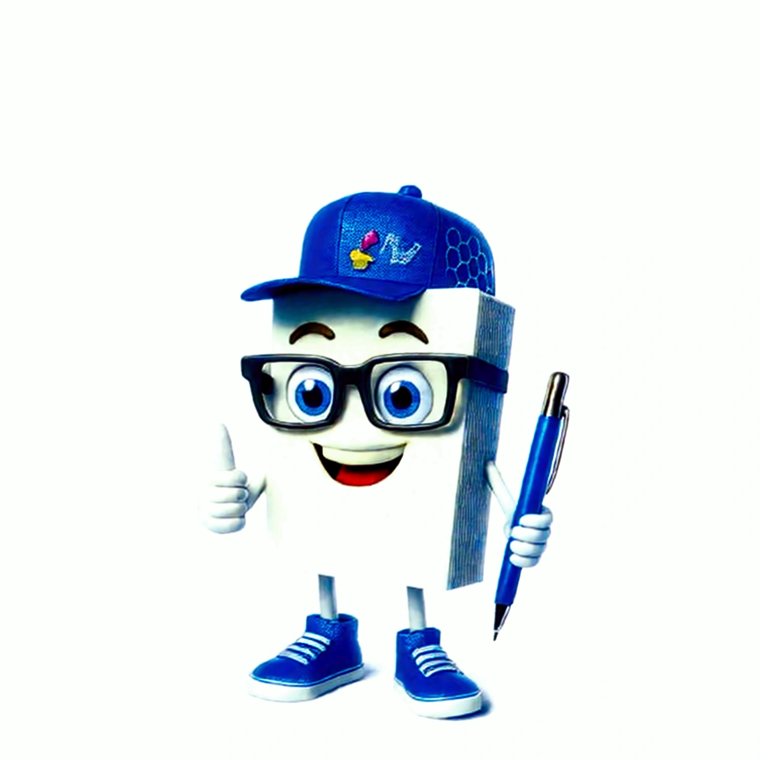 cartoon character of a book character with glasses and a cap holding a pen, promotional still render, publicity photo, cartoon character, cereal mascot, toonix character, official product photo, promotional still, 3d character, 3d character, commercial illustration, Mascot Illustration, foto legal de marketing, LEGO Character, nerds, mascote de corpo inteiro, commercial shot, beautiful illustration, woody\'s homework