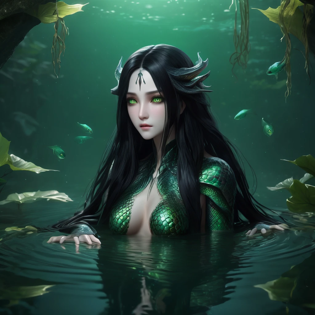 zrpgstyle, from_side from_below beautiful scary woman made of water (sadness expression:1.2), asian pretty face, asian ((skinny body)), (charming wide smile, sharp teeth), asian drowned young girl, europe drowned girl, (monstergirl)(gray green skin), mermaid, woman with (long water hair:1.2) rising out of the water moss smoke, (green vines over body), (fish scales over body), churning water fireflies midnight moonlight backlight (masterpiece:1.2) (best quality) (detailed) (intricate) (8k) (HDR) (wallpaper) (cinematic lighting) (sharp focus)