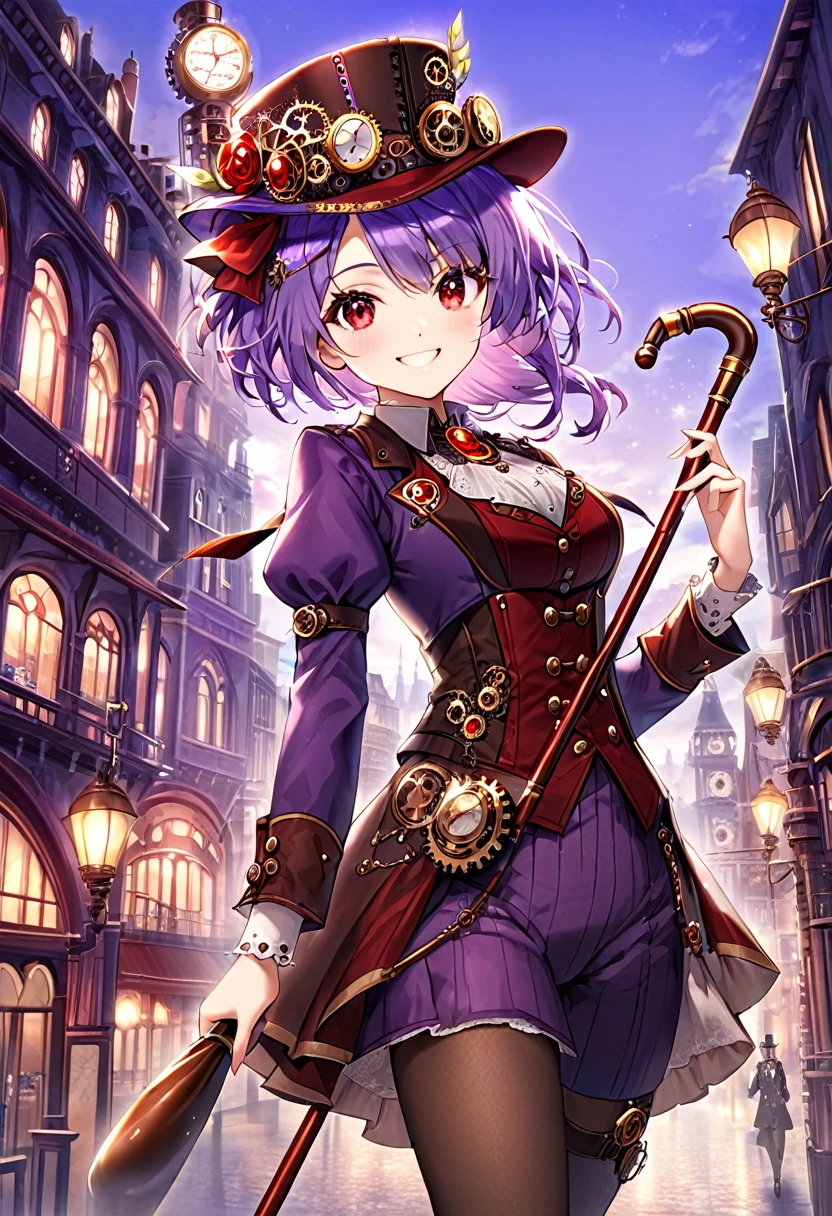 One young, red ruby eye, beautiful face like girl, short light-purple hair, in steampunk suit. City background. Hat. Cane. Noble. Smile.