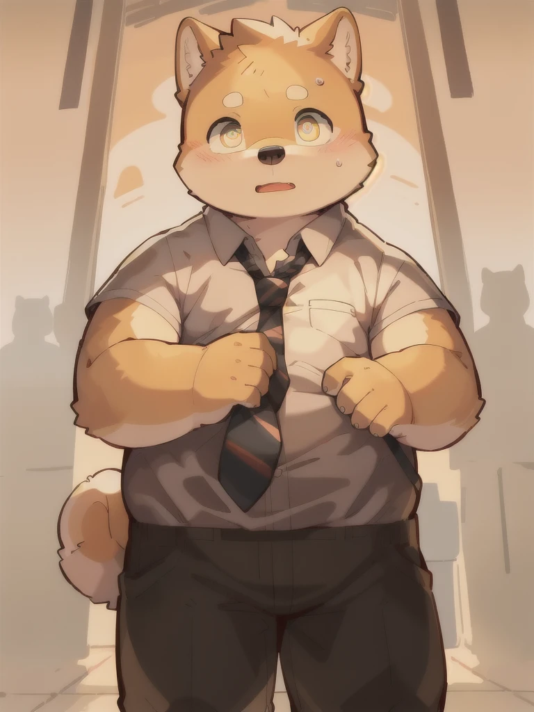 masterpiece, best quality, Perfect anatomical structure,( Bright Eyes, Big watery eyes), Provided by RUHU1145, hairy, (Shiba Inu)，Boys, Solitary，Shy，Black pants，White shirt，tie，(Chubby body)