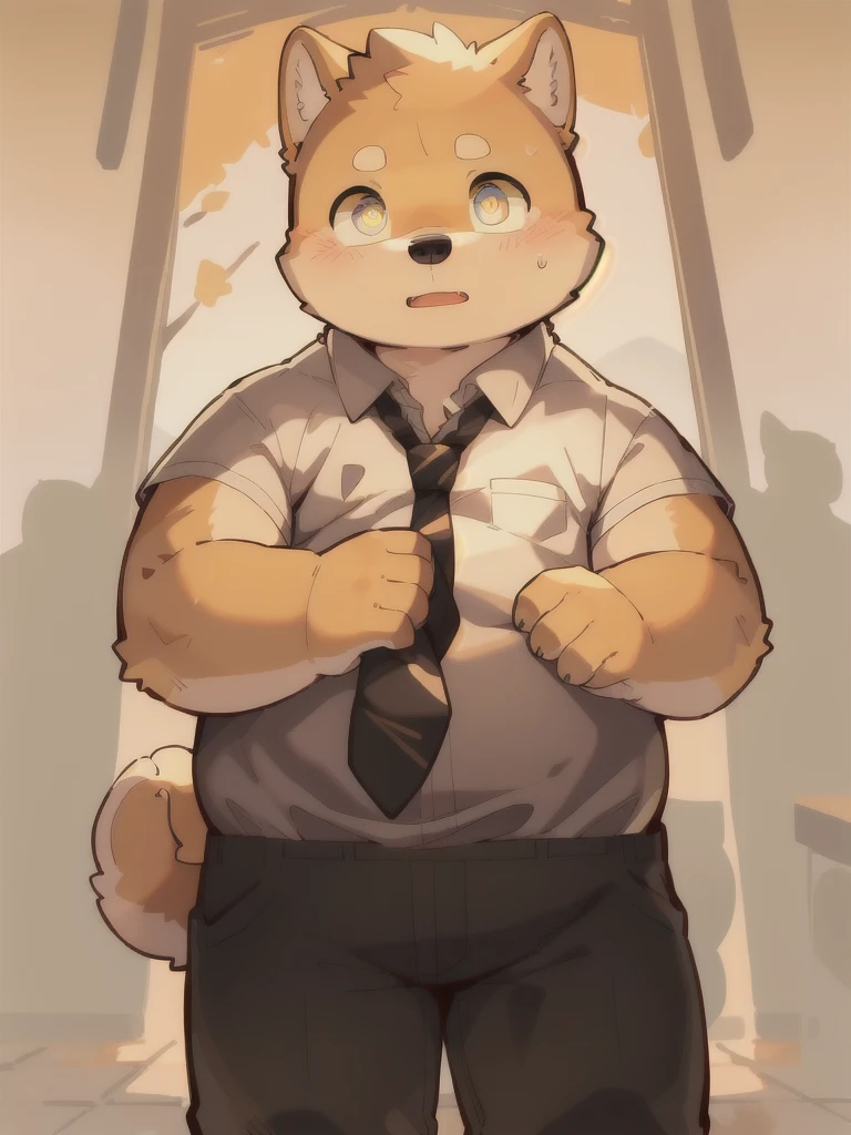 masterpiece, best quality, Perfect anatomical structure,( Bright Eyes, Big watery eyes), Provided by RUHU1145, hairy, (Shiba Inu)，Boys, Solitary，Shy，Black pants，White shirt，tie，(Chubby body)