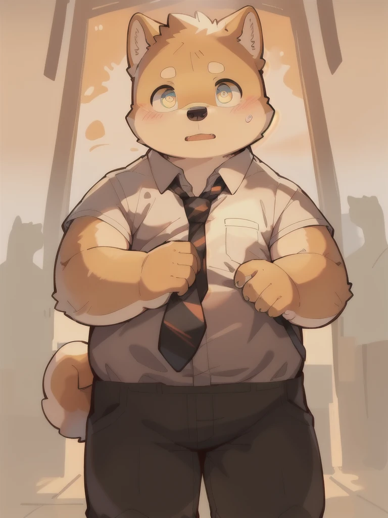 masterpiece, best quality, Perfect anatomical structure,( Bright Eyes, Big watery eyes), Provided by RUHU1145, hairy, (Shiba Inu)，Boys, Solitary，Shy，Black pants，White shirt，tie，(Chubby body)